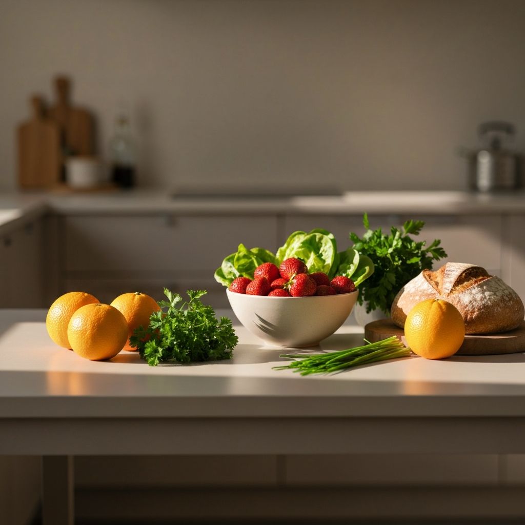 Everyday kitchen setting with food preparation